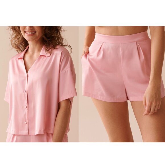 PJ SET - La Vie en Rose Satin Crop Button-Down Shirt and Satin Shorts Candy Pink - Picture 1 of 11